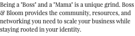 Being a "Boss" and a "Mama" is a unique grind. Boss & Bloom provides the community, resources, and networking you need to scale your business while staying rooted in your identity. 