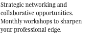 Strategic networking and collaborative opportunities. Monthly workshops to sharpen your professional edge.